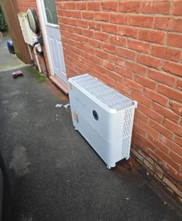 Outdoor battery unit at the side of a house