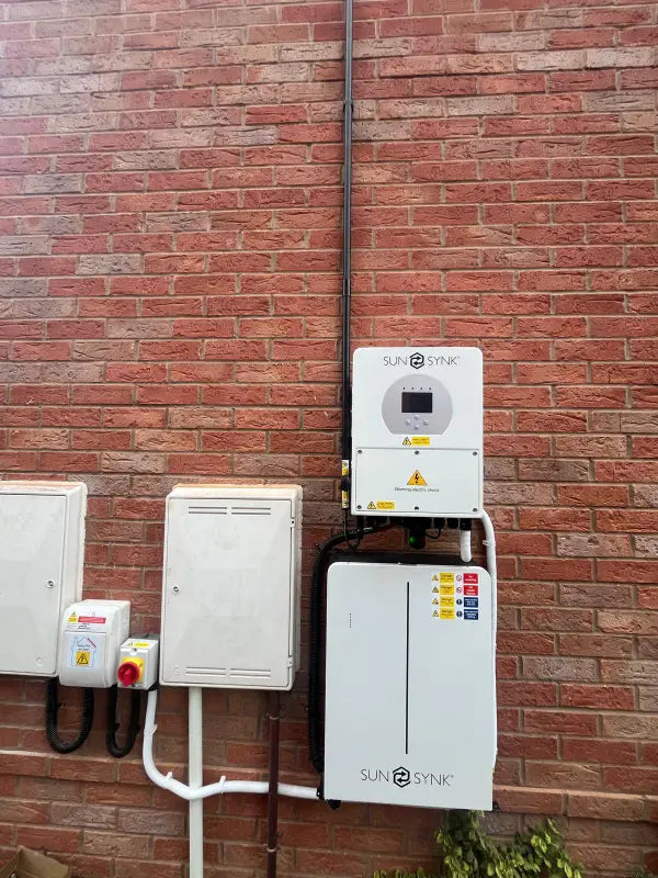 SunSynk inverter and battery beside the meter boxes