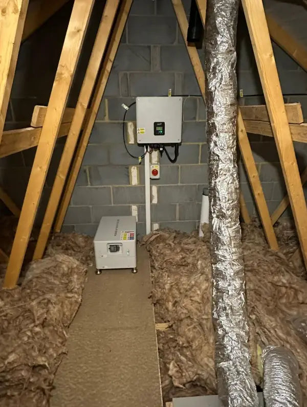 Inverter and battery fitted in a loft