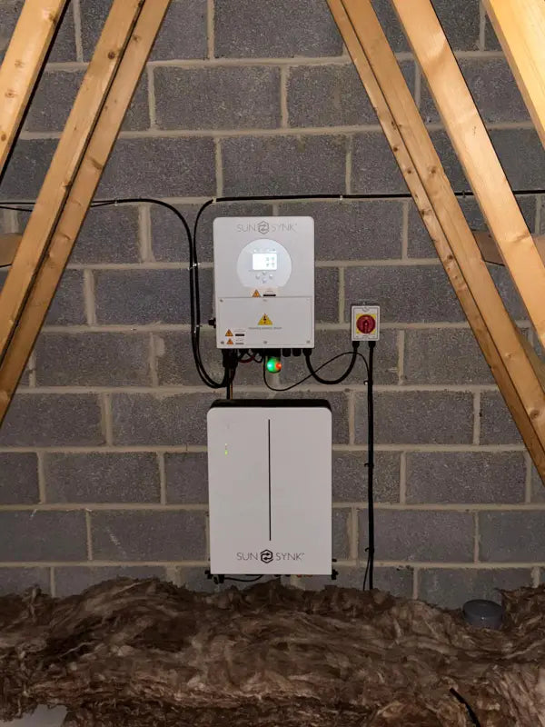 SunSynk inverter and battery in a loft