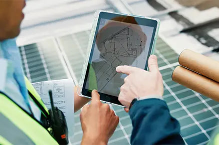 An installer checking a roof plan on a tablet beside solar panels